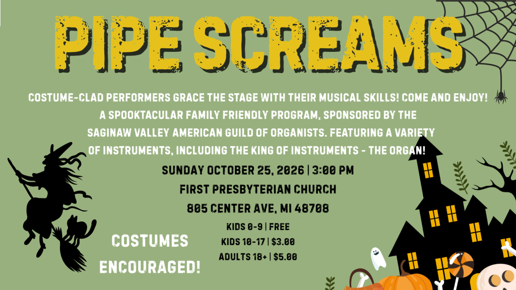 Graphic with spider, spiderweb, witch and cat flying on a broom, and a spooky house with ghosts, pumpkins, bones, and a lollipop, with text describing the details of the event